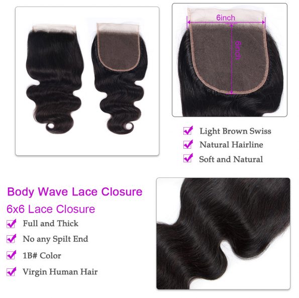 Body Wave 3 Bundles With 6×6 Lace Closure