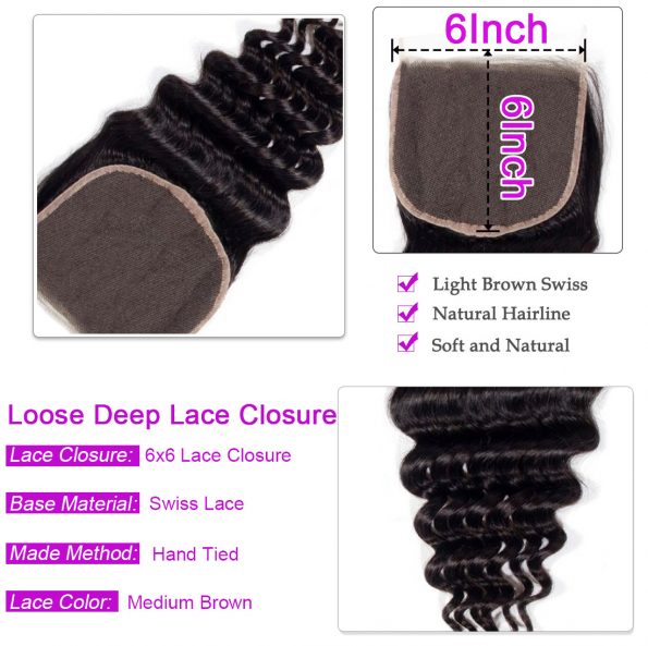 Loose Deep wave Hair 3 Bundles With 6×6 Lace Closure