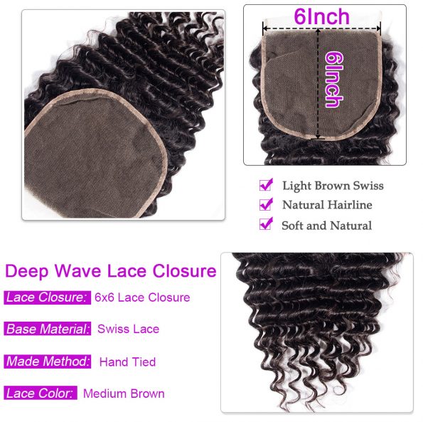Deep wave Hair 3 Bundles With 6×6 Lace Closure
