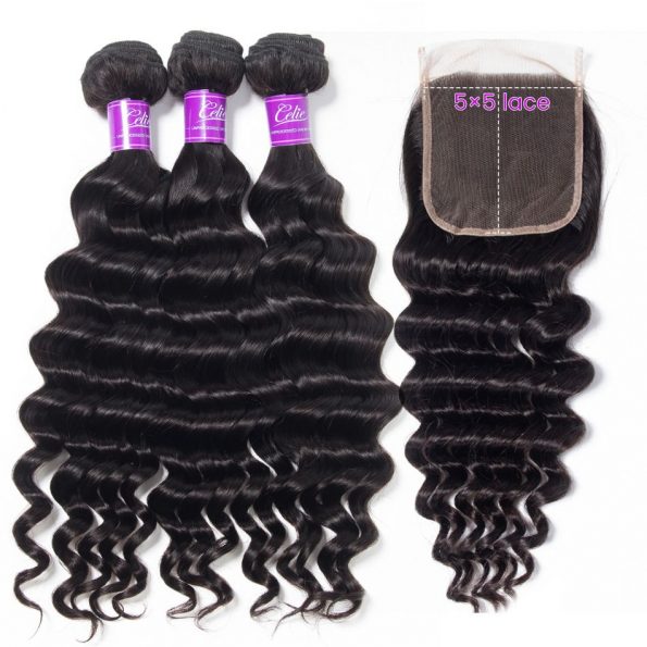 Brazilian Loose Deep Wave 3 Bundles With 5×5 Closure