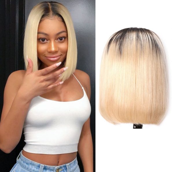 Brazilian 1b blonde Straight Bob Wig 13×6 Lace Front colored (2)