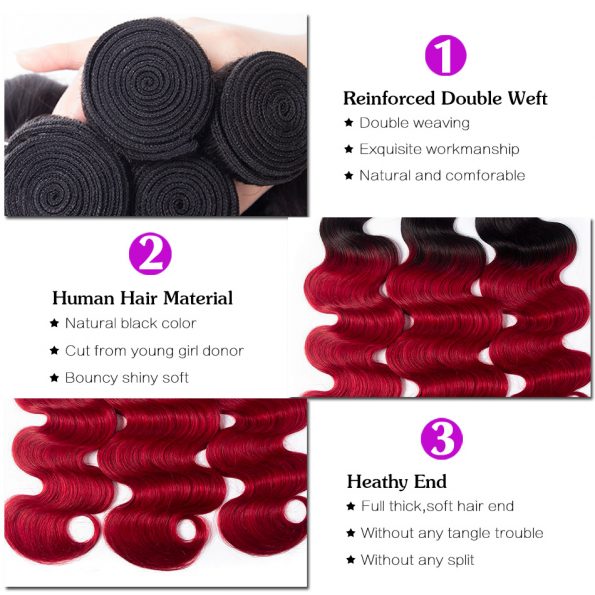 1B/Red Body Wave 3 Bundles With Closure