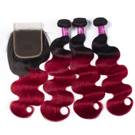 1B/Red Body Wave 3 Bundles With Closure