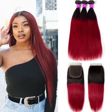 1B/Burgundy Straight Hair 3 Bundles With Closure