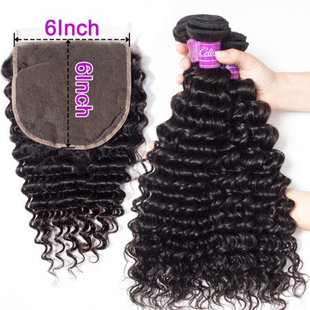 Deep wave Hair 3 Bundles With 6x6 Lace Closure