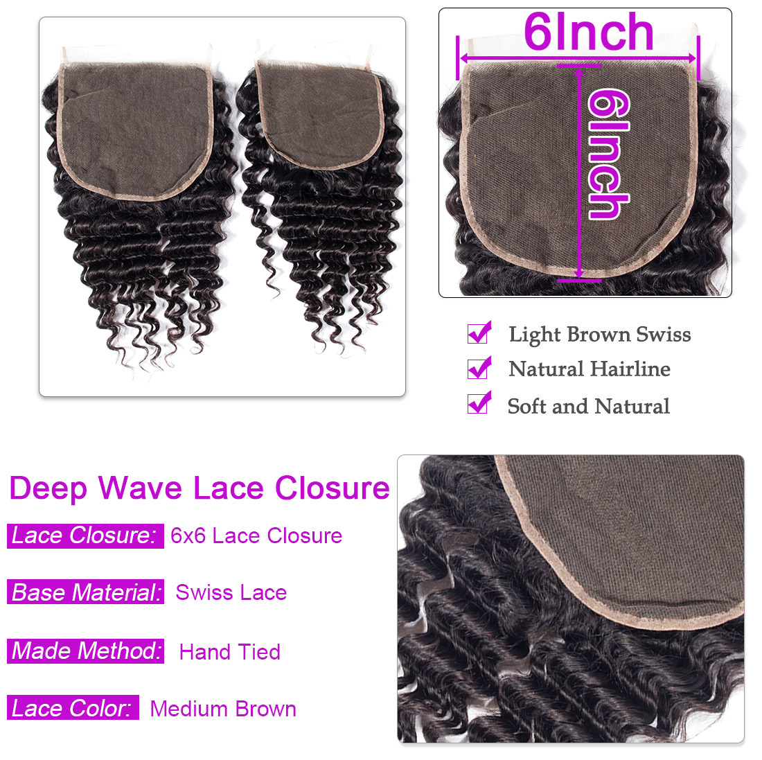 Deep wave Hair 3 Bundles With 6x6 Lace Closure