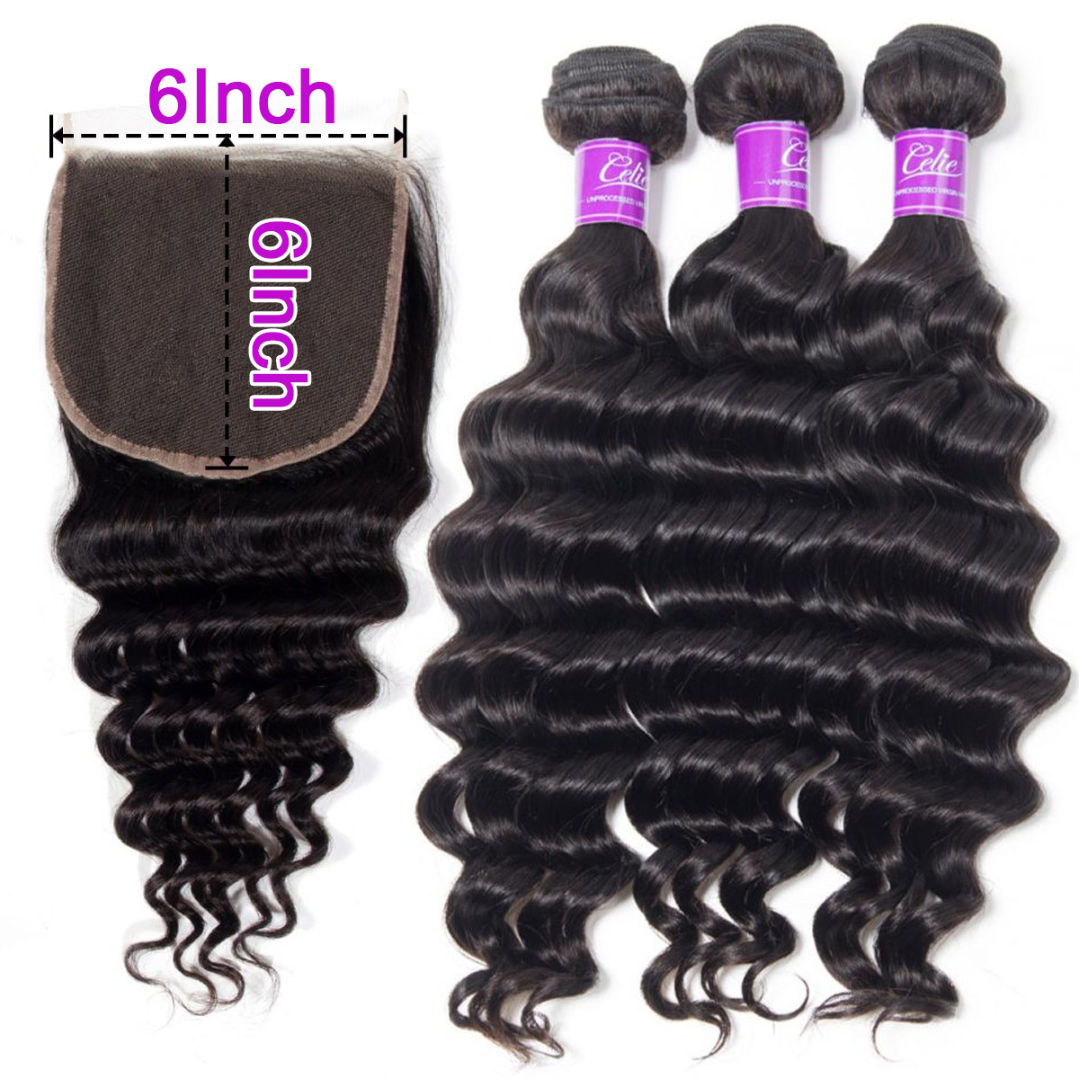 Loose Deep wave Hair 3 Bundles With 6x6 Lace Closure