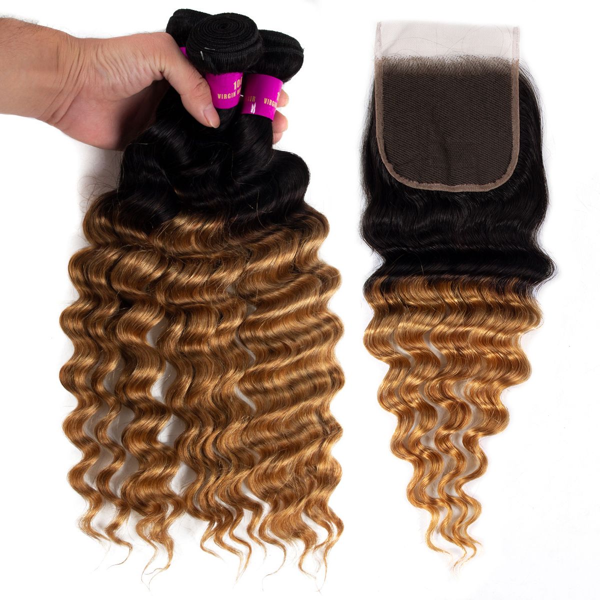 Brazilian 1B/27 Loose Deep Wave Hair 3 Bundles With Lace Closure