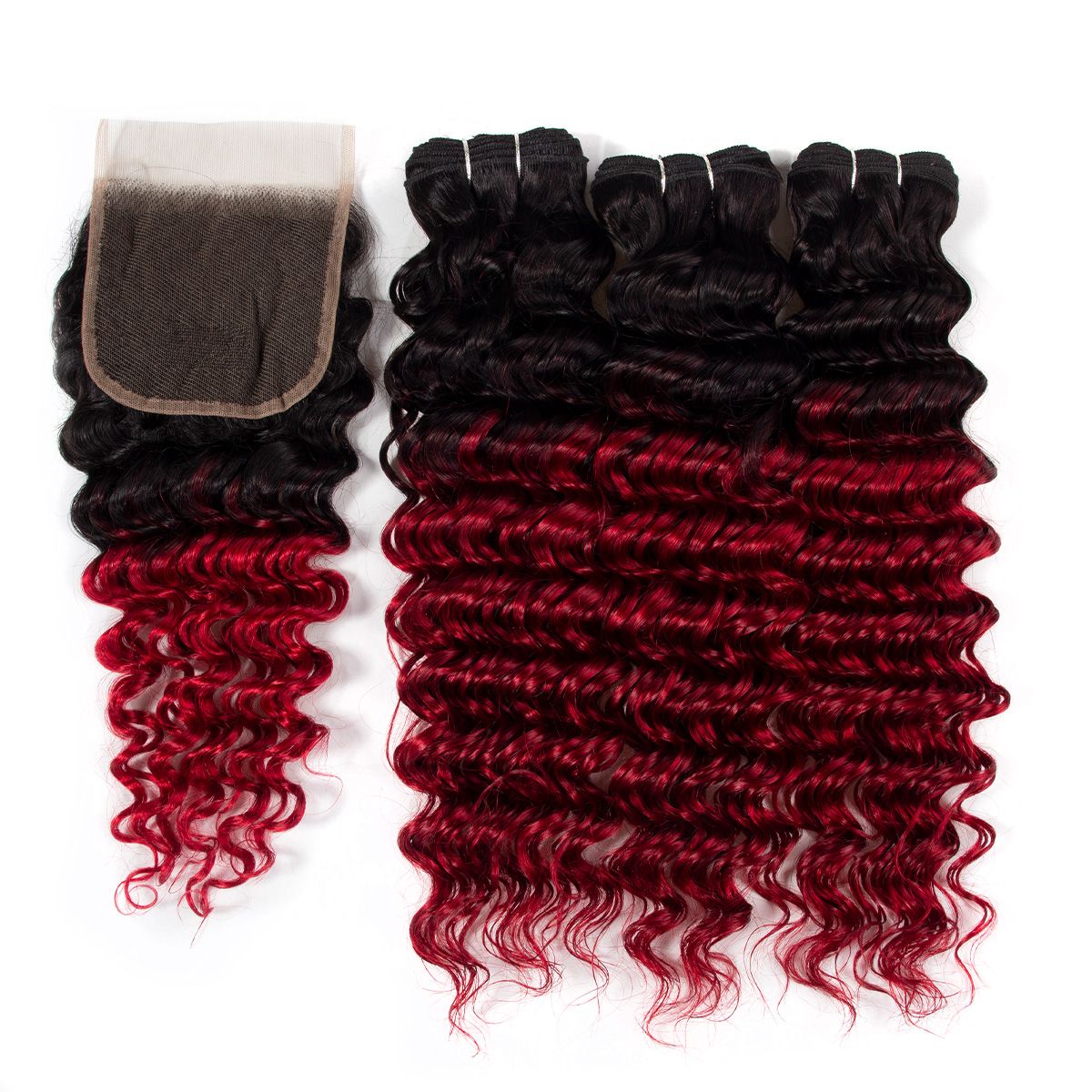 1B/red deep wave Hair 3 Bundles With Closure