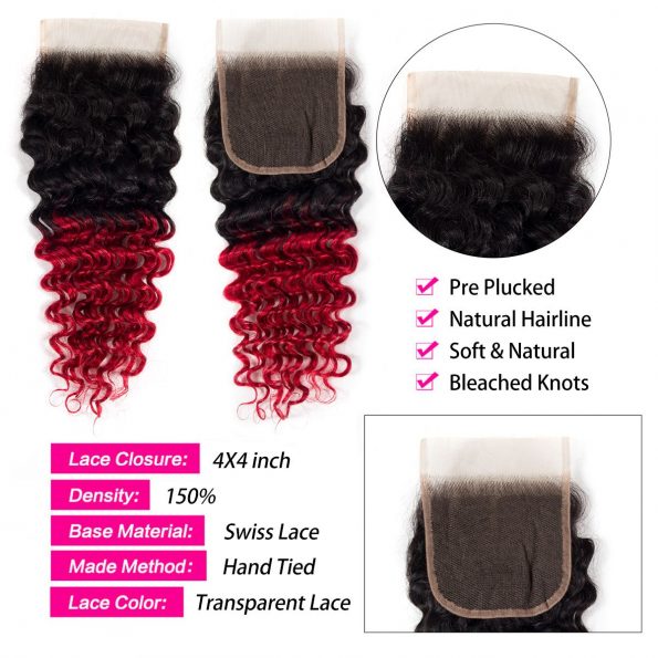 1B/red deep wave Hair 3 Bundles With Closure