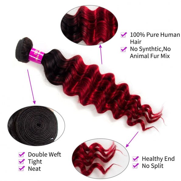 1B/Red Loose deep wave Hair 3 Bundles With Closure