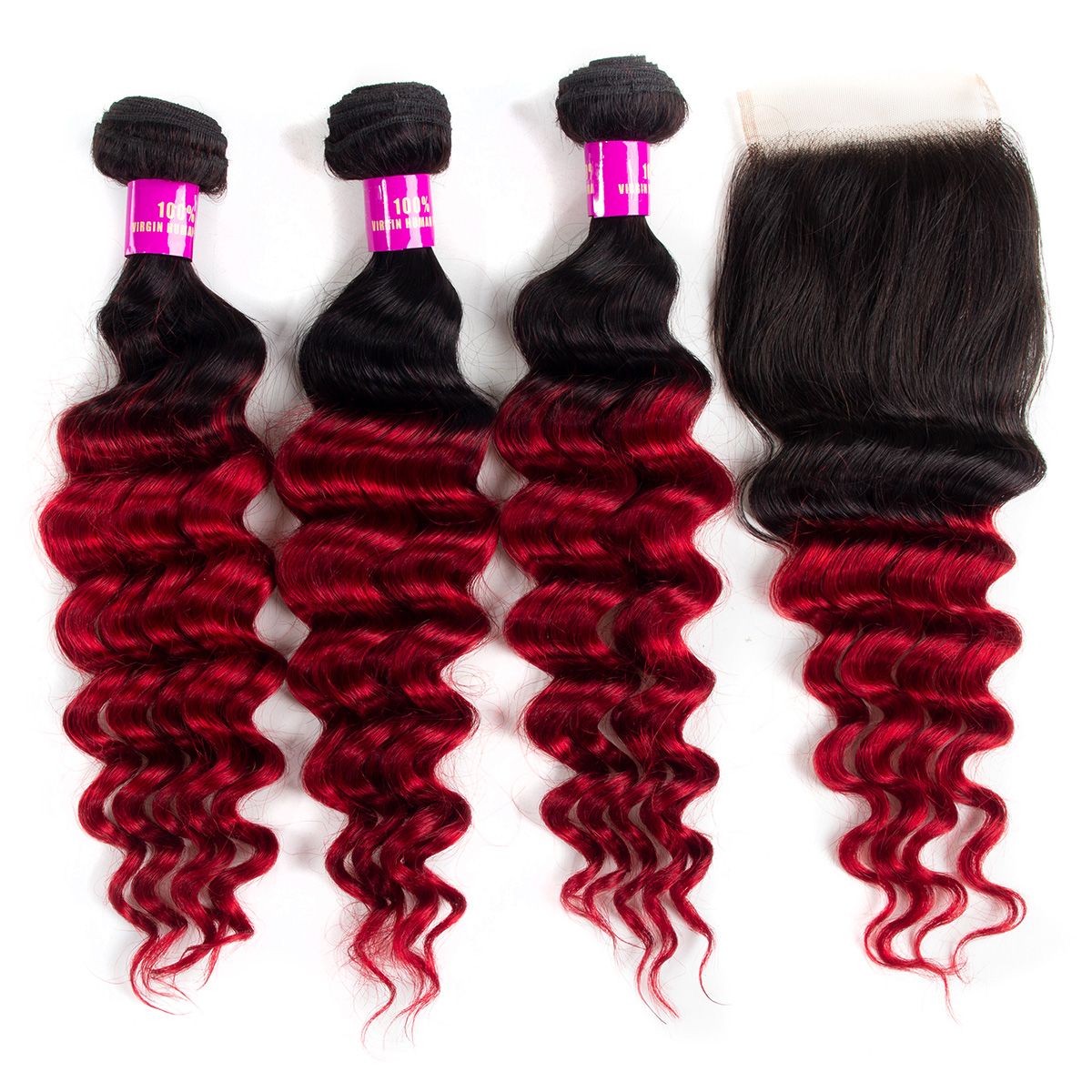 1B/Red Loose deep wave Hair 3 Bundles With Closure