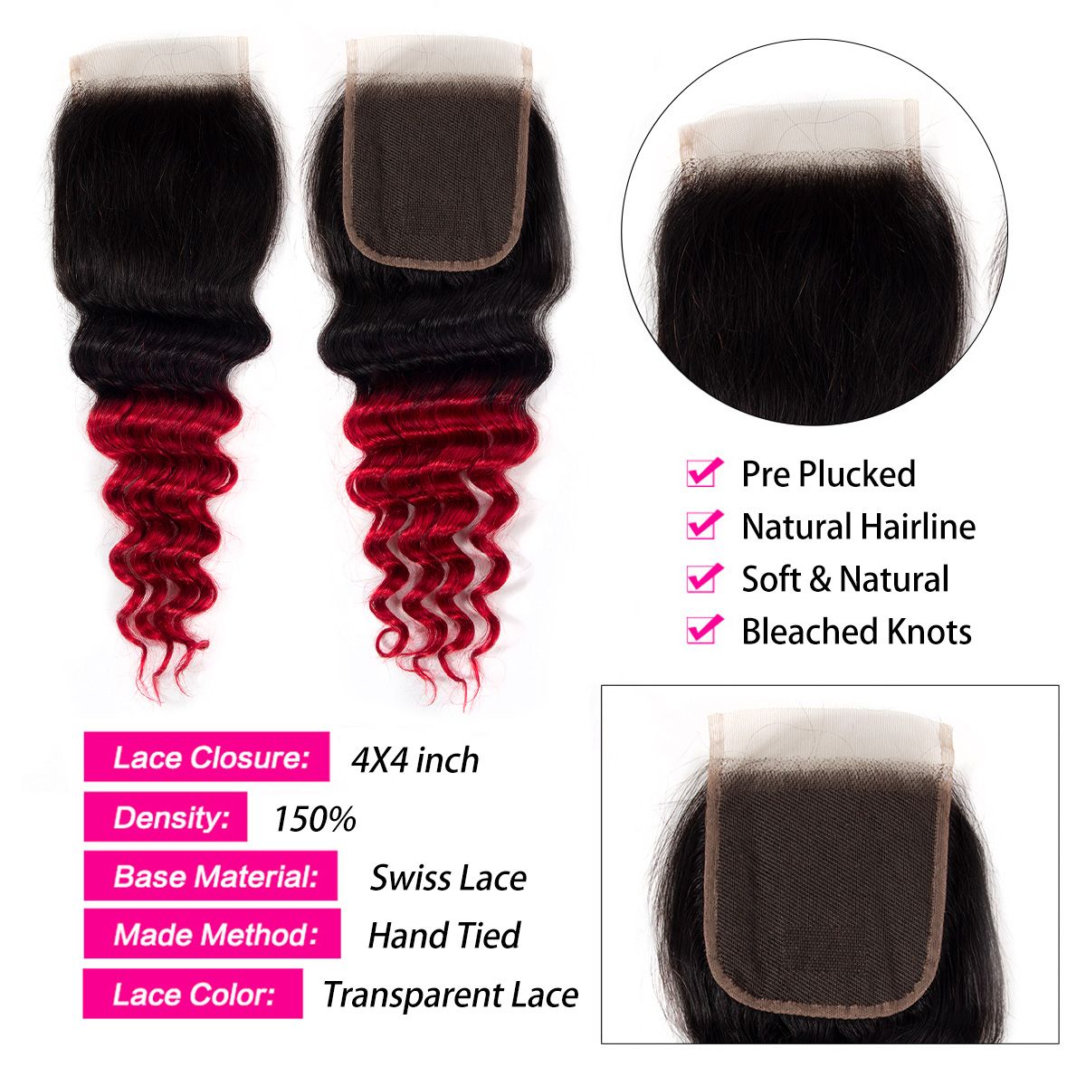 1B/Red Loose deep wave Hair 3 Bundles With Closure