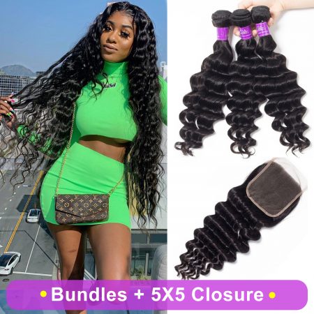 Brazilian Loose Deep Wave 3 Bundles With 5x5 Closure