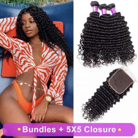 Brazilian Deep Wave 3 Bundles With 5x5 Closure