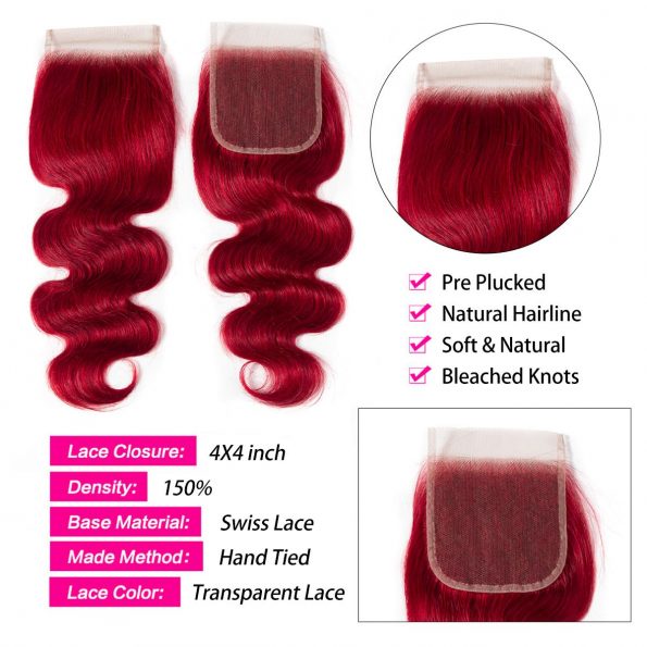 Red Body Wave 3 Bundles With Closure