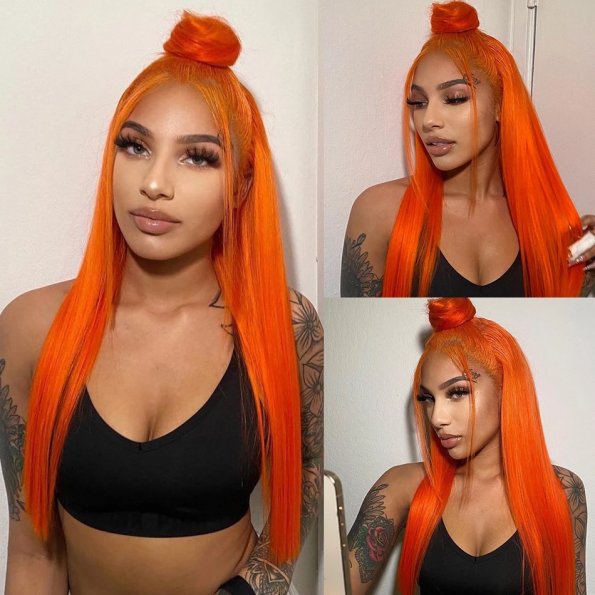 orange straight lace front wig