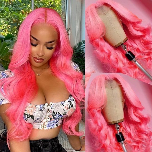 pink body wave lace front wig