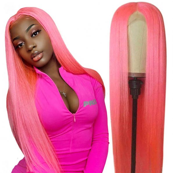 pink straight lace front wig