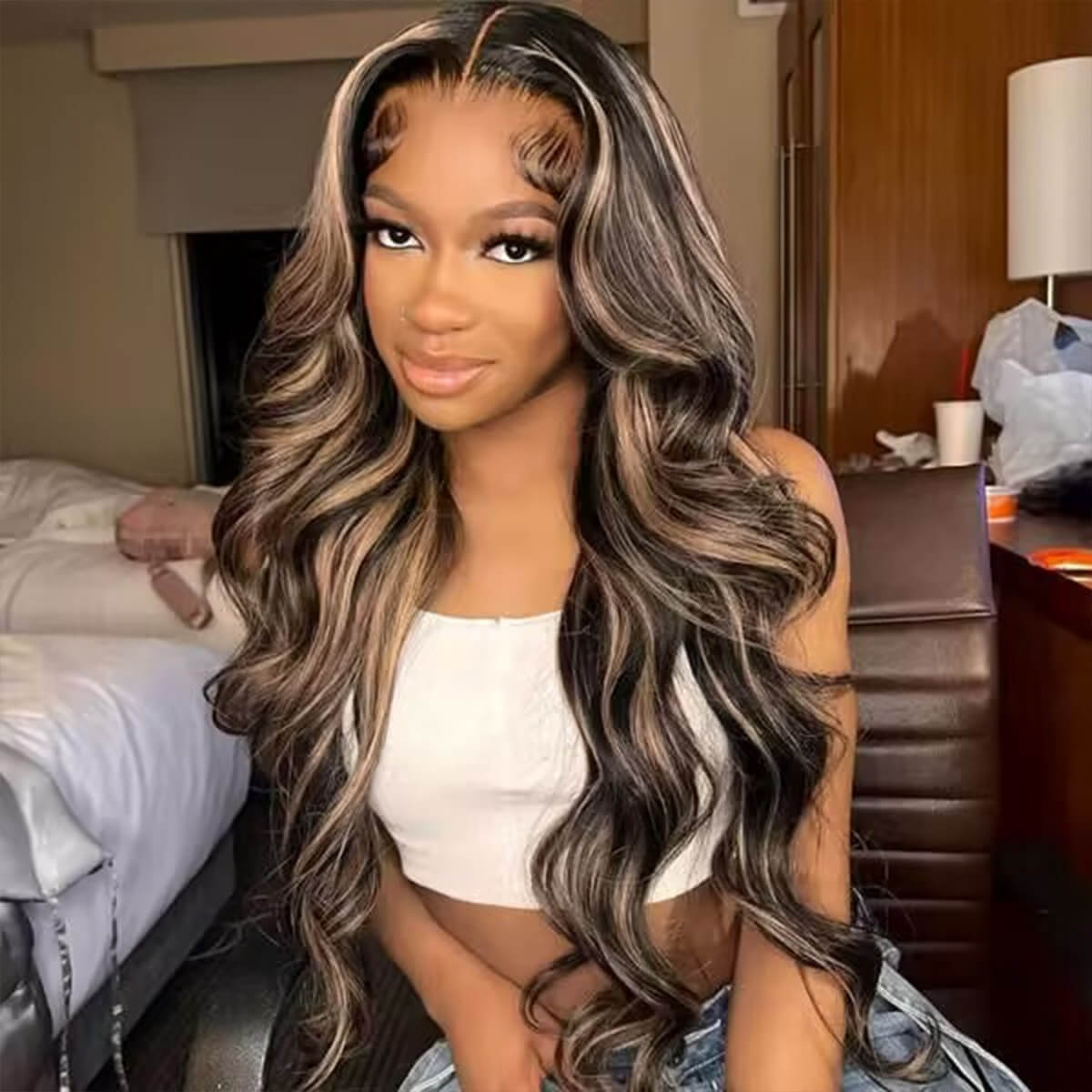 Black Wig With Honey Blonde Highlights Body Wave Lace Wigs With Balayage  Highlights