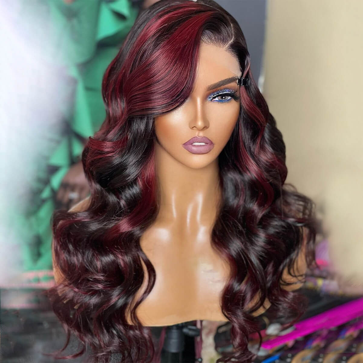 Dark Burgundy Color Body Wave Lace Front Wig With Bleached