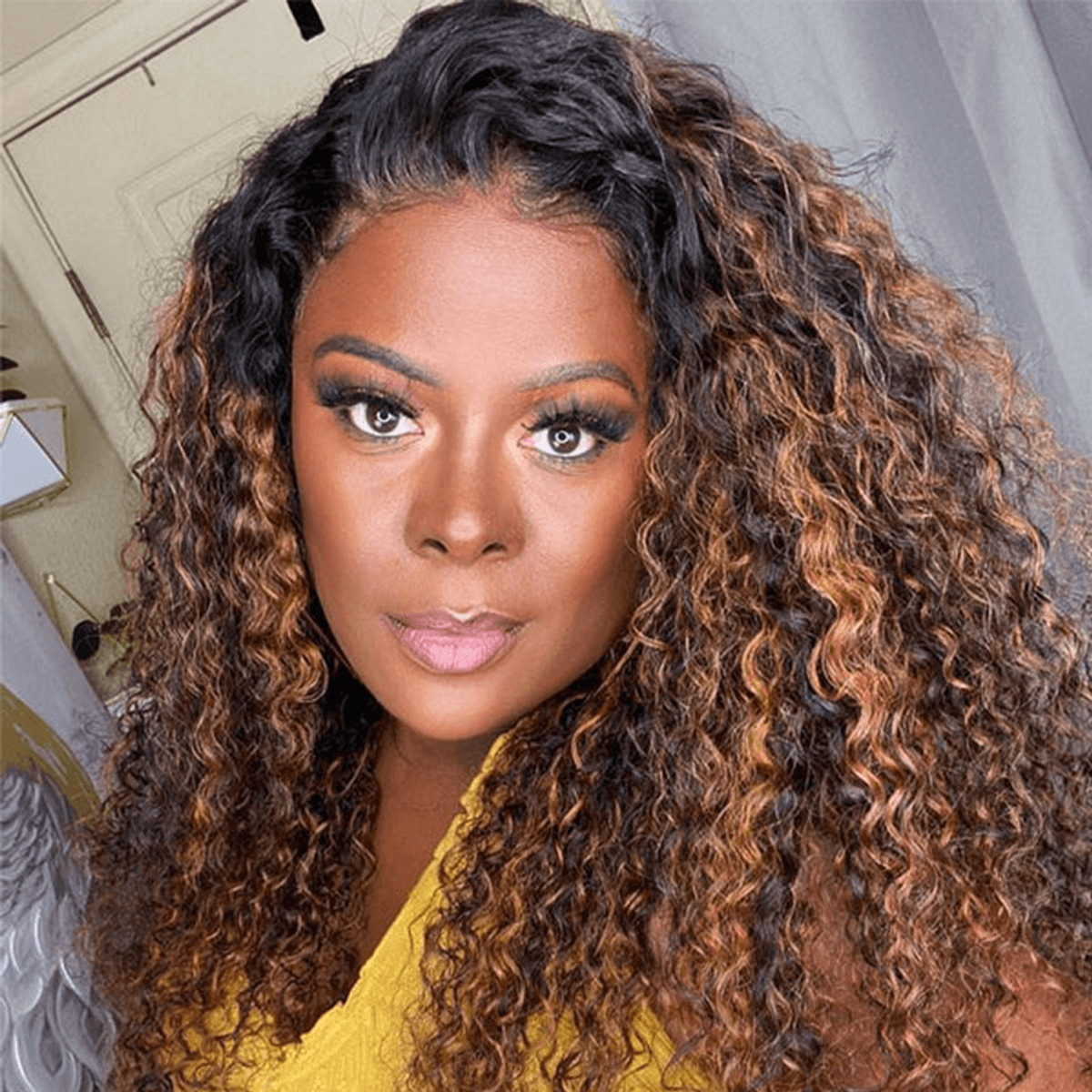 Ombre Highlights Bronw Curly HD Lace Front Wig | Celie Hair